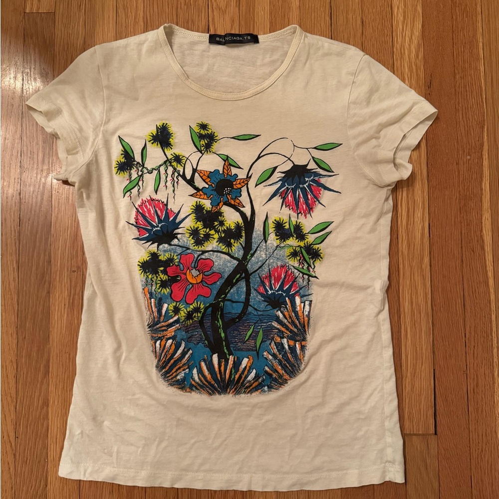 Balenciaga Cream Floral Graphic Tee
